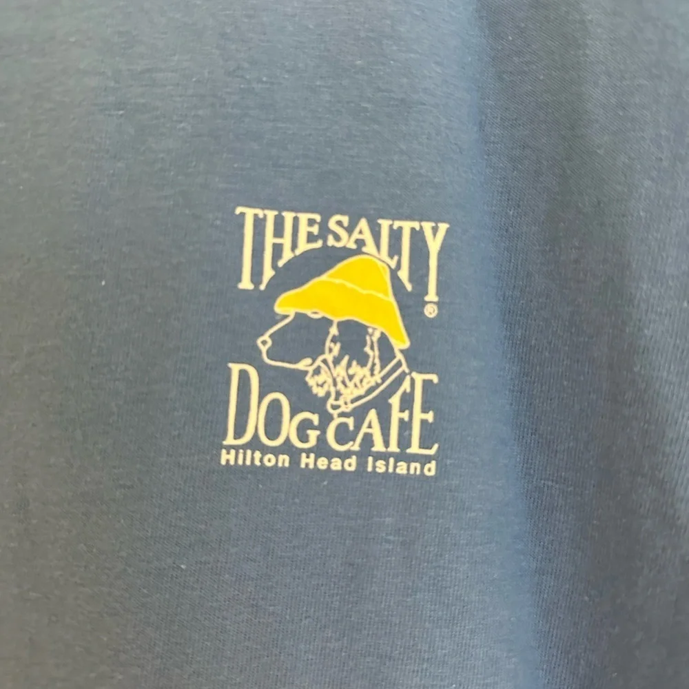 Vintage 90s Mens L Distressed Spell Out The Salty Dog Cafe T-Shirt Blue Cotton - Picture 3 of 4